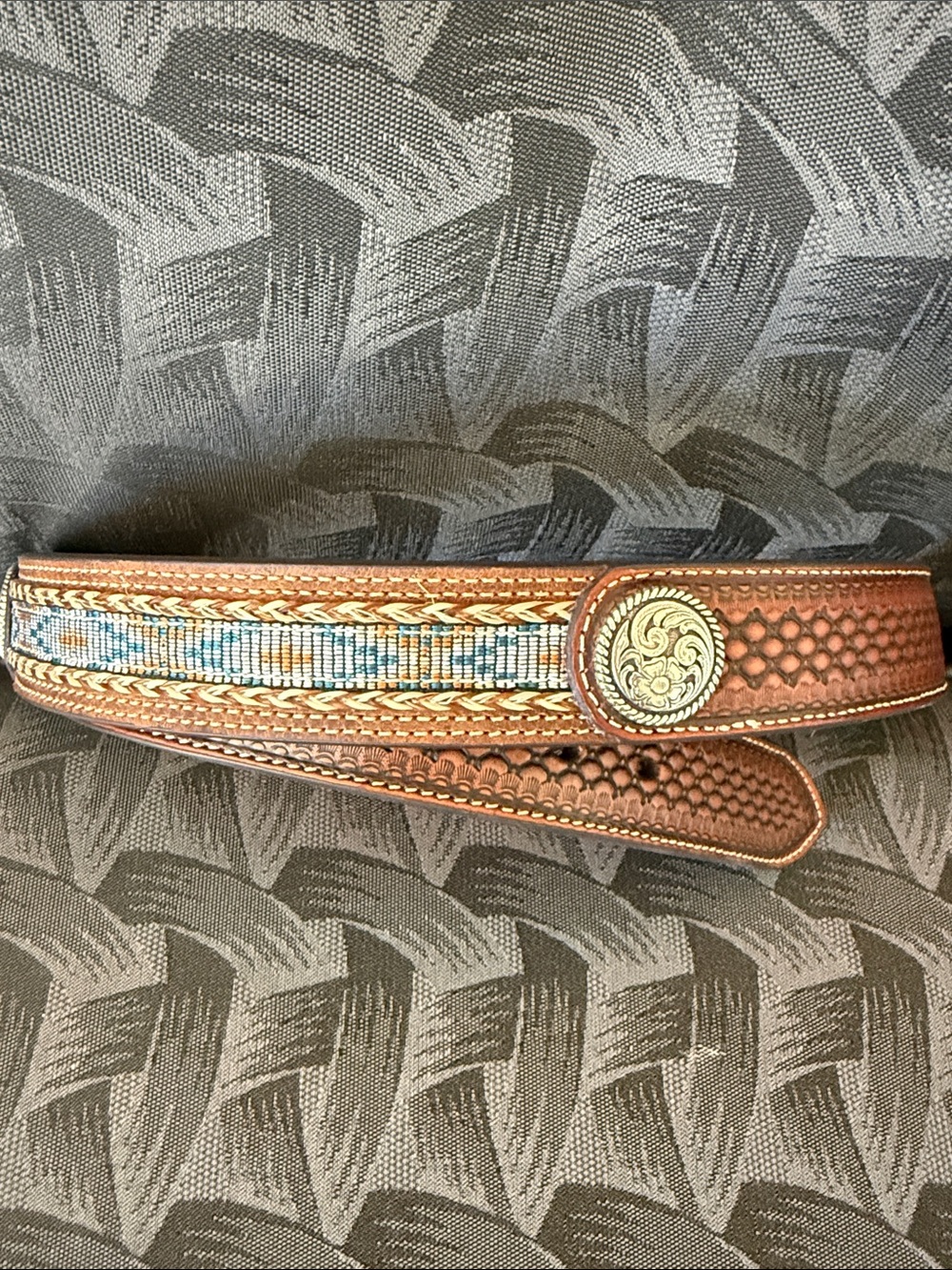 Ariat Men’s Western Leather Belt Size 42 NWOT Concho Ribbon Inlay A1013248